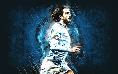 Jack Grealish, Manchester City FC, English footballer, blue stone background, grunge art, Premier League, England, football, Man City, Jack Grealish Manchester City
