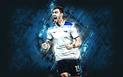 alessio romagnoli, ss lazio, calciatore italiano, sfondo di pietra blu, grunge art, serie a, italia, calcio, alessio romagnoli lazio