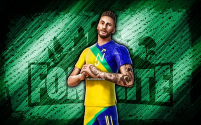 neymar fortnite, 4k, fondo diagonal verde, arte grune, fortnita, obra de arte, piel neymar, personajes de fortnite, neymar, piel de fortnite neymar