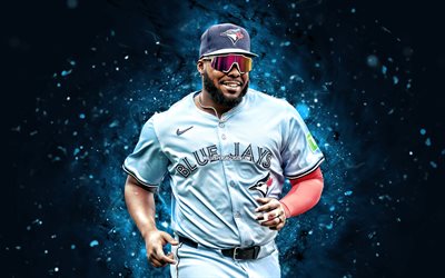 vladimir guerrero jr, 4k, mavi neon işıklar, toronto blue jays, mlb, kanadalı beyzbol oyuncuları, vladimir guerrero jr 4k, beyzbol, major league beyzbol, el k, vladimir guerrero jr toronto blue jays