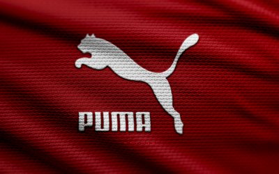 4k, logo di tessuto puma, marchi di moda, bokeh, sfondo in tessuto rosso, logo puma, logo dei marchi, puma, marchi