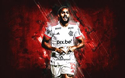 Juninho, CR Flamengo, red stone background, grunge art, Olavio Vieira dos Santos Junior, Brazilian football player, Brazil, football, Juninho Flamengo