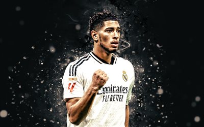Jude Bellingham, 4k, white neon lights, Real Madrid, La Liga, English footballers, Jude Bellingham 4K, football, soccer, Real Madrid FC, Real Madrid CF, LaLiga, Jude Bellingham Real Madrid