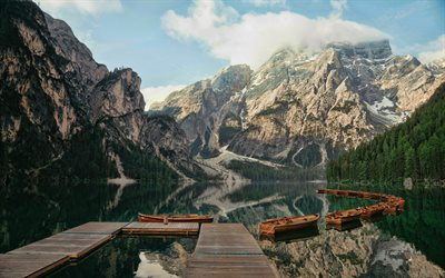lago braies, alpi, pragser wildsee, lago di montagna, sera, tramonto, lago prags, dolomiti prags, tirolo sud, italia, paesaggio di montagna, lago in montagna, lago glaciale, braies