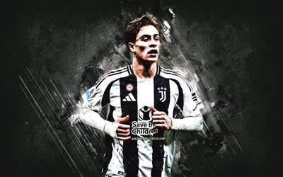 Kenan Yildiz, Juventus FC, Turkish football player, Juve, white stone background, grunge art, football, Serie A, Italy, Kenan Yildiz Juventus
