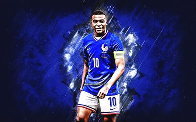 Kylian Mbappé, France national football team, blue stone background, grunge art, French football player, France, football, Europe, Kylian Mbappé France