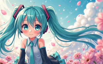 4k, Hatsune Miku, Vocaloid, anime characters, cartoon Hatsune Miku, Vocaloid characters, Japanese manga, Hatsune Miku Vocaloid