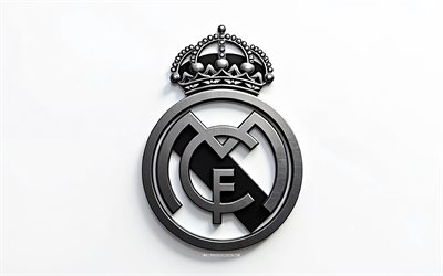 4k, logotipo de acero del real madrid, club de fútbol español, la liga, españa, logotipo del real madrid, emblema del real madrid, logotipo de metal 3d, fútbol americano, real madrid