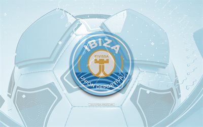 UD Ibiza glossy logo, 4K, blue football background, LaLiga2, soccer, spanish football club, UD Ibiza 3D logo, UD Ibiza emblem, Ibiza FC, football, La Liga2, sports logo, UD Ibiza logo, UD Ibiza