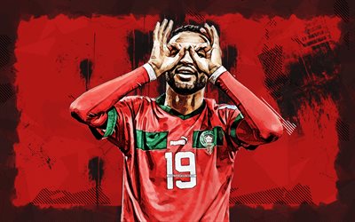 4k, youssef en nesyri, arte grune, equipo de fútbol nacional de marruecos, fútbol, futbolistas, fondo grune rojo, equipo de fútbol marroquí, youssef en nesyri 4k