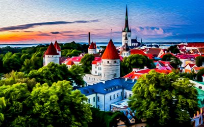 tallinn, 4k, estonya şehirleri, boyalı şehir manzaraları, yaz, gün batımı, estonya, avrupa, soyut şehir manzaraları, boyalı tallinn