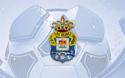 UD Las Palmas glossy logo, 4K, blue football background, LaLiga2, soccer, spanish football club, UD Las Palmas 3D logo, UD Las Palmas emblem, Las Palmas FC, football, La Liga2, sports logo, UD Las Palmas logo, UD Las Palmas