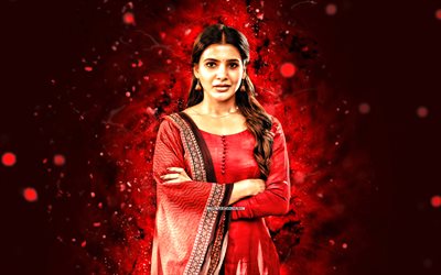 Samantha Akkineni, 4k, red neon lights, indian actor, Bollywood, movie stars, artwork, picture with Samantha Akkineni, indian celebrity, Samantha Akkineni 4k