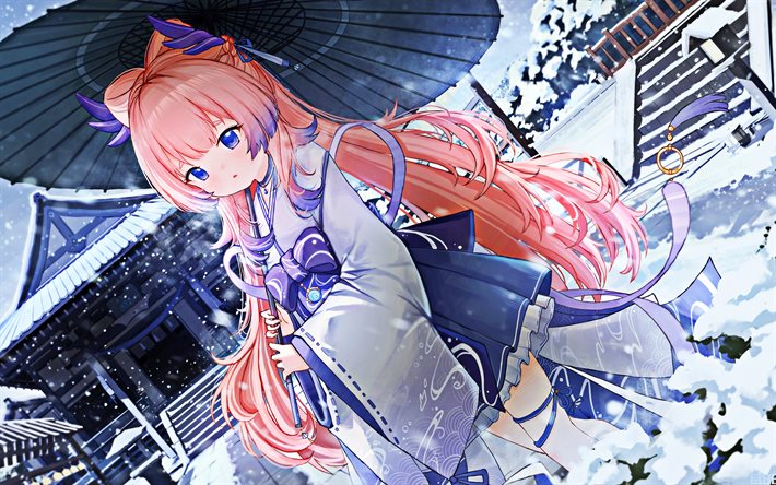 Sangonomiya Kokomi, 4k, winter, Genshin Impact, snowfall, protagonist, manga, Sangonomiya Kokomi Genshin Impact