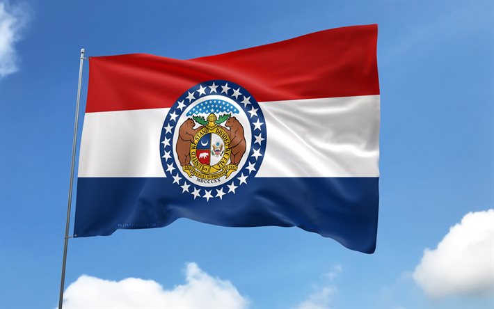 Missouri flag on flagpole, 4K, american states, blue sky, flag of Missouri, wavy satin flags, Missouri flag, US States, flagpole with flags, United States, Day of Missouri, USA, Missouri