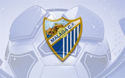 Malaga CF glossy logo, 4K, blue football background, LaLiga2, soccer, spanish football club, Malaga CF 3D logo, Malaga CF emblem, Malaga FC, football, La Liga2, sports logo, Malaga CF logo, Malaga CF