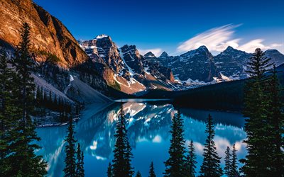 4k, lago moraine, pôr do sol, alberta, lagos azuis, hdr, marcos canadenses, montanhas, vale dos dez picos, floresta, parque nacional banff, conceitos de viagem, canadá, banff