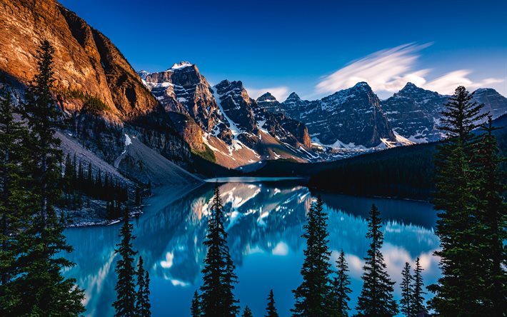 4k, Moraine Lake, sunset, Alberta, blue lakes, HDR, canadian landmarks, mountains, Valley of the Ten Peaks, forest, Banff National Park, travel concepts, Canada, Banff