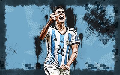 4k, Nahuel Molina, grunge art, Argentina National Football Team, soccer, footballers, blue abstract background, Leo Messi, Argentinean football team, Nahuel Molina 4K
