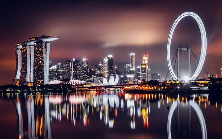 marina, 4k, nattskapskap, skyline stadsbilder, pariserhjul, singapore, asien, singapore stadsbild, singapore panorama