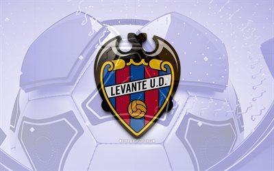 Levante UD glossy logo, 4K, blue football background, LaLiga2, soccer, spanish football club, Levante UD 3D logo, Levante UD emblem, Levante FC, football, La Liga2, sports logo, Levante UD logo, Levante UD