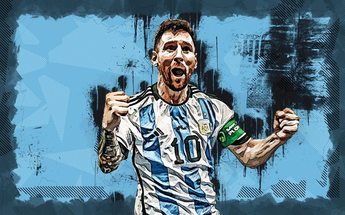 4k, Lionel Messi, grunge art, Argentina National Football Team, soccer, Qatar 2022, footballers, blue grunge background, Leo Messi, Argentinean football team, Lionel Messi 4K