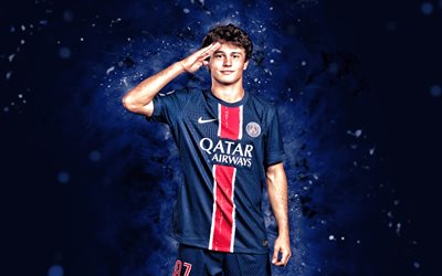 joao neves, 4k, néons bleus, paris saint germain, ligue 1, footballeurs portugais, joao neves 4k, football, psg, joao neves psg