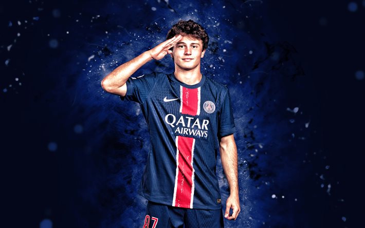 joao neves, 4k, néons bleus, paris saint germain, ligue 1, footballeurs portugais, joao neves 4k, football, psg, joao neves psg