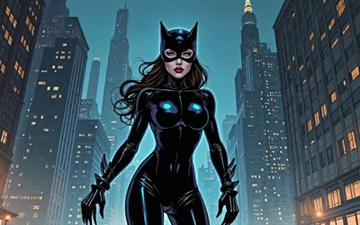4k, mulher  gato, arte de quadrinhos, super  heróis, marvel comics, nightscape, art abstrato, catwoman 4k