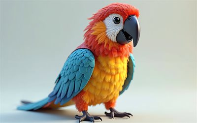4k, cute 3d macaw, cartoon 3d macaw, cute birds, macaw, 3d birds, cartoon 3d birds, funny macaw, little macaw, orange background