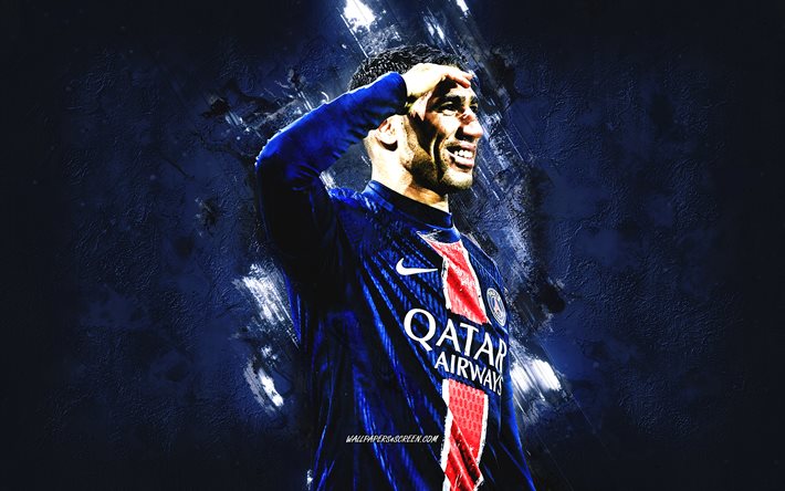 Achraf Hakimi, Paris Saint-Germain, grunge art, goal celebration, blue grunge background, Ligue 1, Moroccan footballers, football, soccer, PSG, Achraf Hakimi PSG