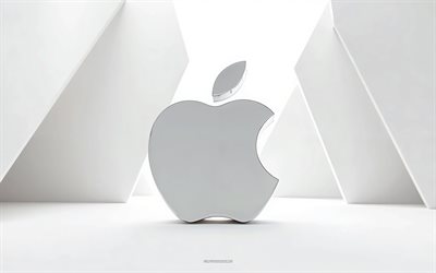 Apple 3d logo, 4k, white background, Apple logo, abstract white 3d background, Apple emblem, background with Apple logo, Apple