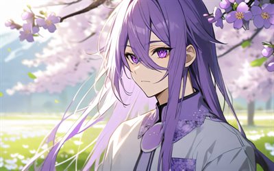 kamui gakupo, 4k, kimono, vocaloide, opera d'arte, primavera, occhi viola, personaggi vocaloidi, manga, fiori viola, kamui gakupo vocaloid