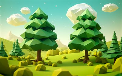 tannen, 4k, isometrische kunst, kreativ, abstrakte natur, 3d  kunst, nadelbäume, 3d  natur, 3d  landschaften, abstrakte landschaften