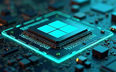 windows 10 로고, 4k, 3d 칩과 같은 windows 10, 마더 보드, 청록색 네온 조명, windows 10 3d 로고, windows 로고, 창