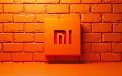 xiaomi orange logotyp, 3d  konst, orange tegelvägg, elektronikmärken, tegelväggsbakgrund, kreativ, xiaomi 3d  logotyp, konstverk, xiaomi minimalism, xiaomi  logotyp, xiaomi
