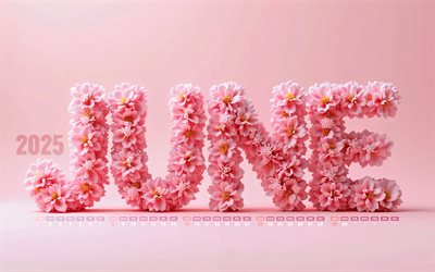 4k, calendario di giugno 2025, lettere floreali rosa, giugno 2025, calendari estivi, sfondi rosa, calendario giugno 2025, fiori rosa, lettere 3d rosa, 2025 concetti, calendari di giugno, 2025 calendari, giugno