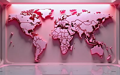 pink 3d world map, 4k, 3d  kunst, rosa hintergrund, 3d  weltkarte, hintergrund mit pink world map, weltkartenkonzepte