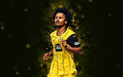 karim adeyemi, 4k, 黄色のネオンライト, ボルシア・ドルトムント, ブンデスリーガ, ドイツのサッカー選手, karim adeyemi 4k, フットボール, サッカー, bvボルシア09ドルトムント, ドルトムント, bvb, karim adeyemi borussia dortmund
