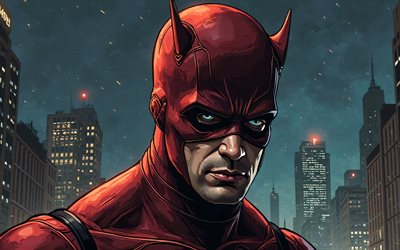 4k, huimapäinen, sarjakuvataide, supersankarit, marvel  sarjakuvat, lähikuva, yömaisema, abstrakti taide, daredevil 4k