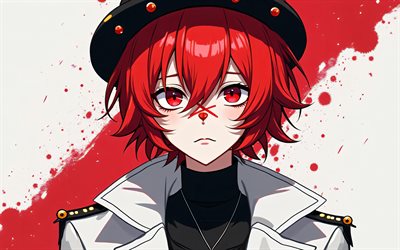 fukase, 4k, grunge art, vocaloide, capelli rossi, manga, occhi rossi, personaggi anime, personaggi vocaloidi, fukase vocaloid