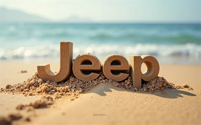 ジープロゴ, 4k, 夏, 砂で作られたジープのロゴ, ビーチ, 3dジープロゴ, 砂, ジープエンブレム, ジープ