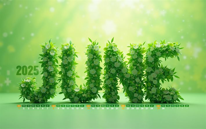 2025 juni kalender, 4k, grüne glorale buchstaben, mai 2025, sommerkalender, rote hintergründe, juni 2025 kalender, grüne blüten, juni 2025, grüne 3d  buchstaben, 2025 konzepte, juni  kalender, 2025 kalender, juni