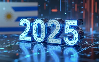 Uruguayan flag, 4k, travel to Uruguay 2025, Uruguay 2025 digits, 3d Art, uruguay flag, 2025 3d digits, Uruguay flag, 2025 concepts