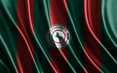 4k, Al-Ettifaq FC logo, Saudi Pro League, red green silk texture, Al-Ettifaq FC flag, Saudi football club, soccer, silk flag, Al-Ettifaq FC emblem, Saudi Arabia, Al-Ettifaq FC badge, Al-Ettifaq FC