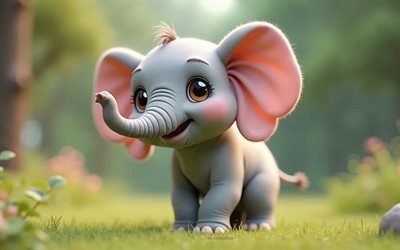 4k, netter 3d  elefant, cartoon 3d elefant, süße tiere, elefant, 3d  tiere, cartoon 3d  tiere, lustiger elefant, kleiner elefant, naturhintergrund