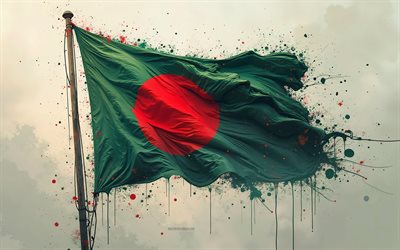 Bangladesh flag, 4k, Bangladesh flag on the flagpole, Bangladesh paint splashes flag, grunge art, flag of Bangladesh, grunge background, Bangladesh