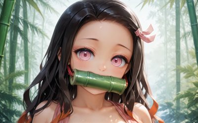 4k, nezuko kamado, orman, iblis avcısı, yeşil bambu gag, kahraman, demon slayer kimetsu hayır yaiba, manga, kamado nezuko, nezuko kamado kimetsu hayır yaiba