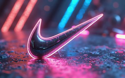 4k, شعار المعادن نايك, خوخه, أضواء النيون الملونة, العلامات التجارية, شعار نايك 3d, مبدع, شعار نايك, علامات أزياء, نايك