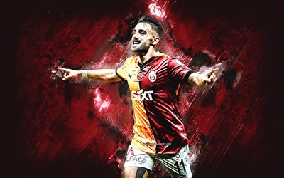 Yunus Akgun, Galatasaray SK, Turkish football player, burgundy red background, grunge art, Galatasaray, Turkey, football, Yunus Akgun Galatasaray